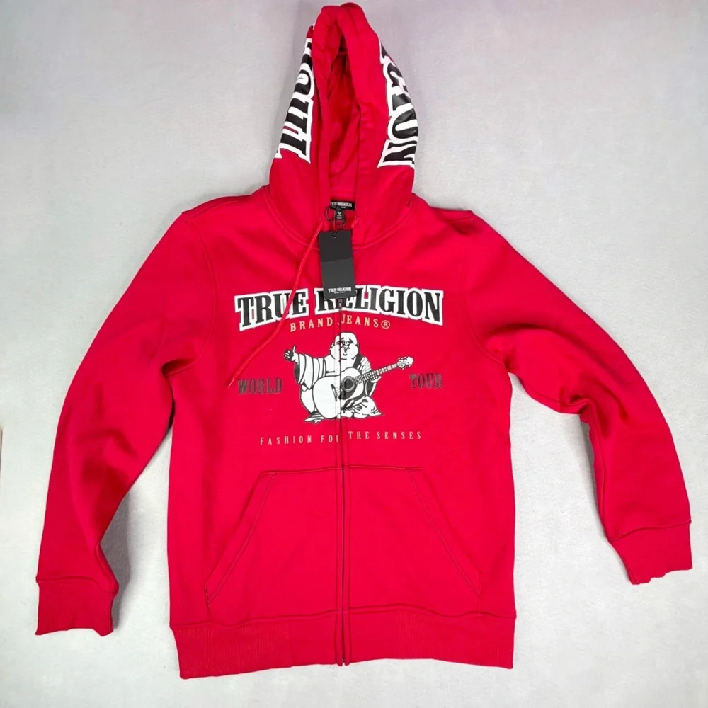 True Religion Full-Zip Fleece-Lined Hoodie Buddha Icon Men’s M Red Streetwear